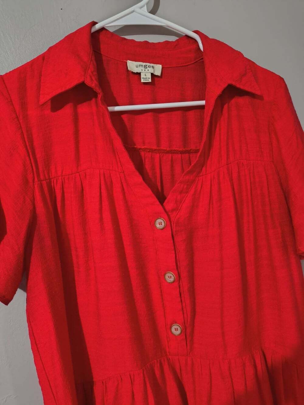 Umgee Red Button Front Tiered Shirt Dress Size Large Bohemian Style Split V Neck - Picture 5 of 13